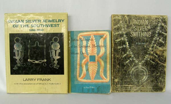3 Books on Native American Indian Silver Jewelry: 3 Books on Native American Indian Silver Jewelry. Largest book is hardback, Indian Silver Jewelry of the Southwest, 1868-1930, by Larry Frank,'' and measures 8.5''x11''. The others are softback, ''Ind