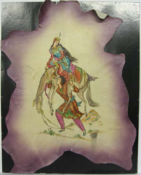Mounted Middle Eastern Painting On Hide : Middle Eastern Painting On Hide, which is mounted on Paper Board, measures approx. 30'' x 23.5''. We will roll this to ship. SHI $25.