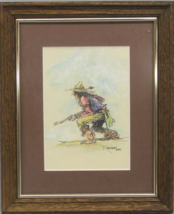 1987 Navajo Original Art by D. Randeau Tsosie: Mixed Media Original Art Signed Danny Randeau Tsosie. Framed in a wood frame, matted, under glass. Measures approx. 6.25'' x 4.25''. SHI $25.