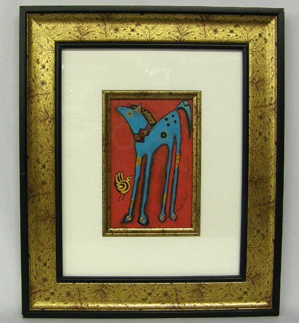 Original Signed Acrylic Painting by Kills Thunder: Original Signed Acrylic Painting by Kills Thunder. Framed, Under Glass. Visual Measures 3.5x5.5''. SHI $20