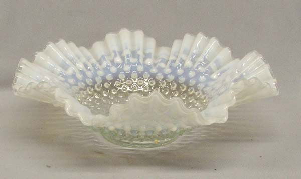 Moonstone Opalescent Hobnail Fluted Bowl: Moonstone Opalescent Hobnail Fluted Bowl, measures approx. 3.25'' x 11.25''. SHI $25.