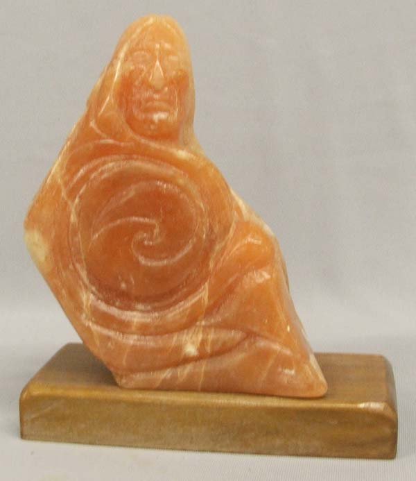 Cherokee Indian Alabaster Sculpture By Hornbuckle: Cherokee Indian Alabaster Sculpture By Paul Hornbuckle, Circa 1989, on wood base, measures approx. 8 1/2'' tall. SHI $25.