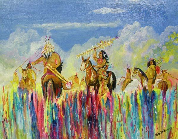 Original 2010 Acrylic Painting by Kills Thunder: Original 2010 Acrylic Painting Signed by Kills Thunder, Arizona Artist. On Canvas Panel Board, Measures 16''x20''. Titled ''War Party at Greasy Grass.'' SHI $25.