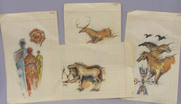 4 Original Ledger Water Color & Ink Drawings: 4 Original Ledger Water Color & Ink Drawings, largest measures approx. 8'' x 6''. SHI $25.