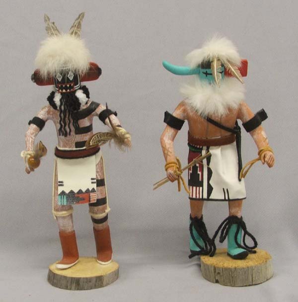 2 Hopi Kachinas By R. Mitchell & B. Smith: 2 Hopi Kachinas By R. Mitchell (Long Horn Kachina) & B. Smith (Left Handed Kachina), largest measures approx. 11.5'' x 5''. SHI $30.