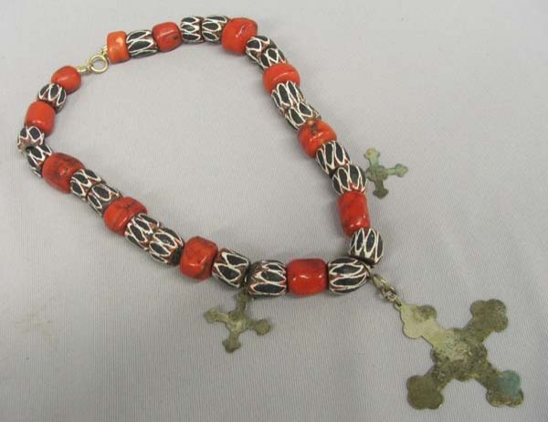Hudson Bay Cross Pendant Trade Necklace,: Hudson Bay Cross Pendant Trade Necklace. Three Hudson Bay Cross Pendants with red and black chevron glass beads, large coral beads. Necklace end to end is 20'', largest cross is 2 3/4'' by 2 1/2'' . E