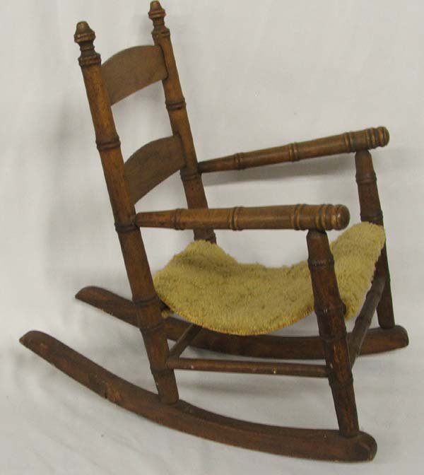 Childrens Wood Rocking Chair: Children's Wood Rocking Chair, has carpet seat, measures approx. 21'' x 20'' x 15''. SHI $40.