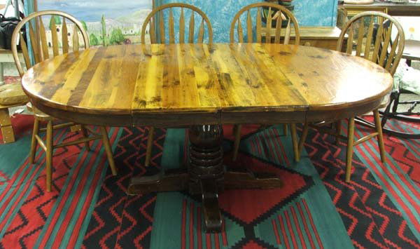 Vintage Ethan Allen Pine Table & 4 Oak Chairs: Vintage Ethan Allen Pine Table, 2 leaves, measures approx. 78'' long x 48'' wide x 29'' high. Top has been refinished in a lighter shade and polyurethaned. The 4 Oak chairs do not match the table, mea