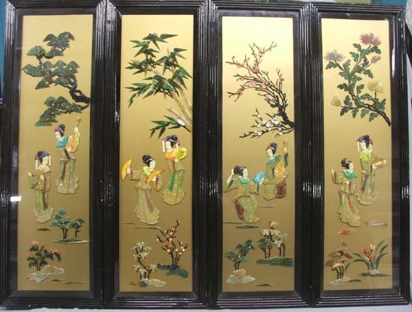 4 Oriental Jade & Ivory Figures In Shadow Box Frames: 4 Oriental Jade & Ivory, plus, Carved Figures In Framed Plaques, framed in wood frames, under glass. Measures approx. 32 1/2'' x 8 1/2''. Glass on one is broken. On plaque need new glass. SHI $100.