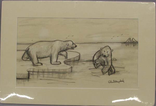 Original Pen & Ink Polar Bear by Robert Mayokok: Original Pen & Ink Polar Bear Matted Drawing Signed by Robert Mayokok. Visual Measures 8''x14''. SHI $25.