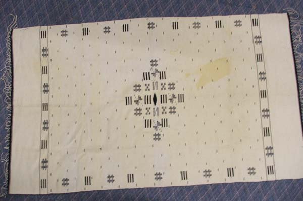 Vintage New Mexico Chimayo Textile Rug/Blanket: Chimayo Vintage Textile Rug/Blanket. Measures 76''x44'' (without fringe). Some small holes/threadbare spots and staining as shown in photos. SHI $15.
