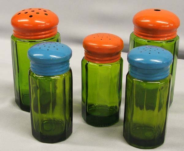 5 Green Depression Glass Kitchen Shaker Set: 5 Green Depression Glass Kitchen Shaker Set, largest measures approx. 5 1/3'' tall. SHI $25.