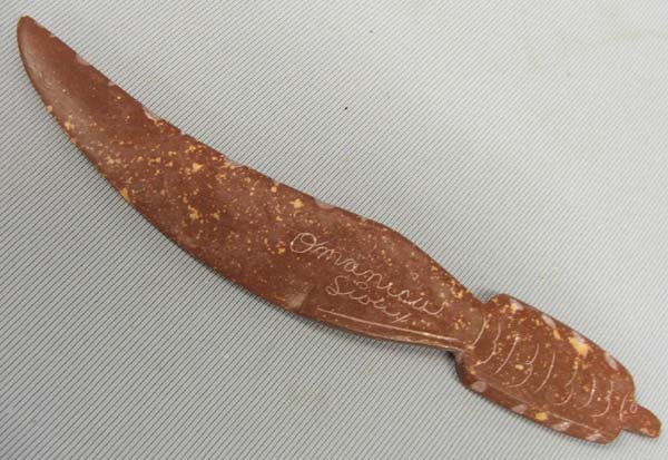 Sioux Carved Pipestone Knife Signed Omanica Sioux: Sioux Carved Pipestone Knife Signed Omanica Sioux, measures approx. 7''. SHI $20.
