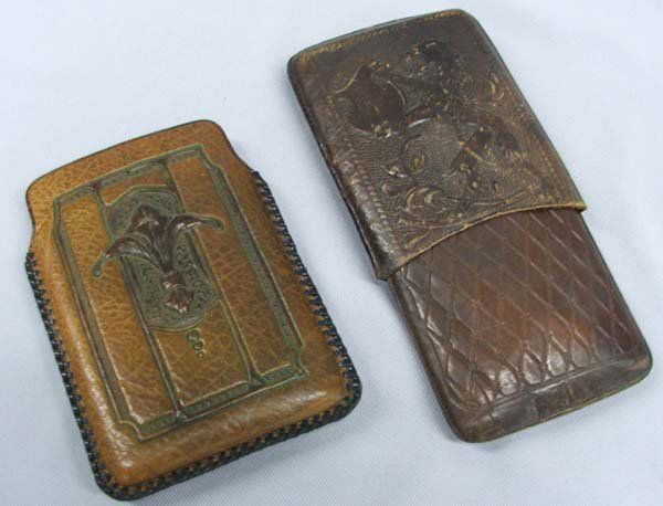 Pr Vintage Hand Tooled Leather Cigar Caddys: 2 Hand Tooled Leather Cigar Caddys, measures approx. 5 1/2'' x 4''. SHI $15.