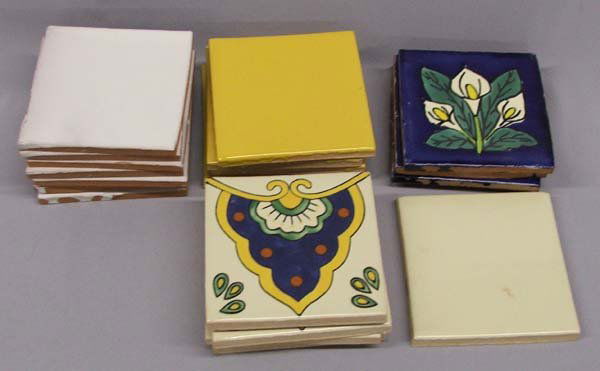 20 Mexican Talavera Tiles: 20 Talavera Tiles, measures approx. 4 1/4'' x 4 1/4''. 8 with designs and 12 with solid colors. SHI $25.