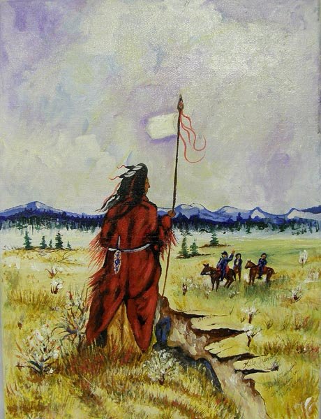 Acrylic Painting Signed by Artist Kills Thunder: Acrylic Painting Signed by Artist Kills Thunder. Titled, ''Chief Joseph's Surrender in Montana.'' Measures 16''x12''. SHI $25.