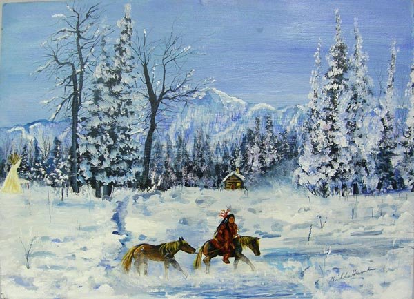 Acrylic Painting Signed by Artist Kills Thunder: Acrylic Painting Signed by Artist Kills Thunder on Composite Board. Measures 16.25''x22.25''. SHI $25.