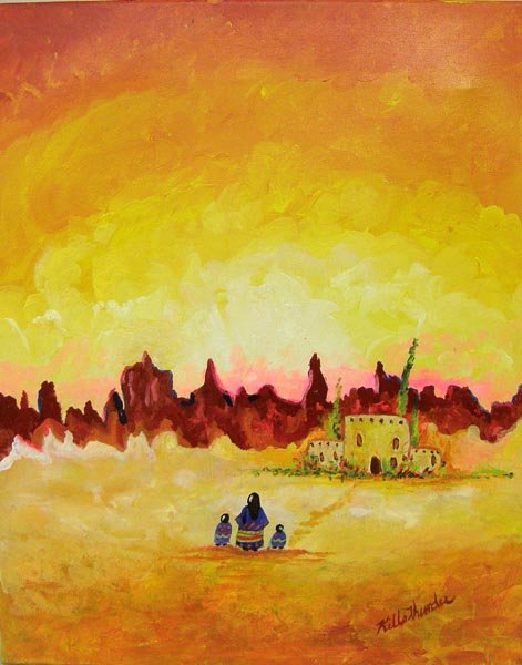 Acrylic Painting Signed by Artist Kills Thunder: Acrylic Painting Signed by Artist Kills Thunder. Canvas Stretched on Wood Frame, Measures 20''x16''. SHI $30.