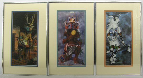 3 1975 Indian Prints By Robert Parker: 3 Indian Prints By Robert Parker, measures 11 3/4'' x 5 1/2''. Framed in metal frames, double matted, under glass. Picture information on the back of each picture. SHI $35.