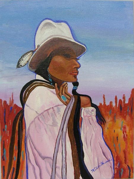 Acrylic Painting Signed by Artist Kills Thunder: Acrylic Painting Signed by Artist Kills Thunder. Titled, ''Navajo Cowgirl,'' and Measures 16''x12'' on Artist Board. SHI $20.