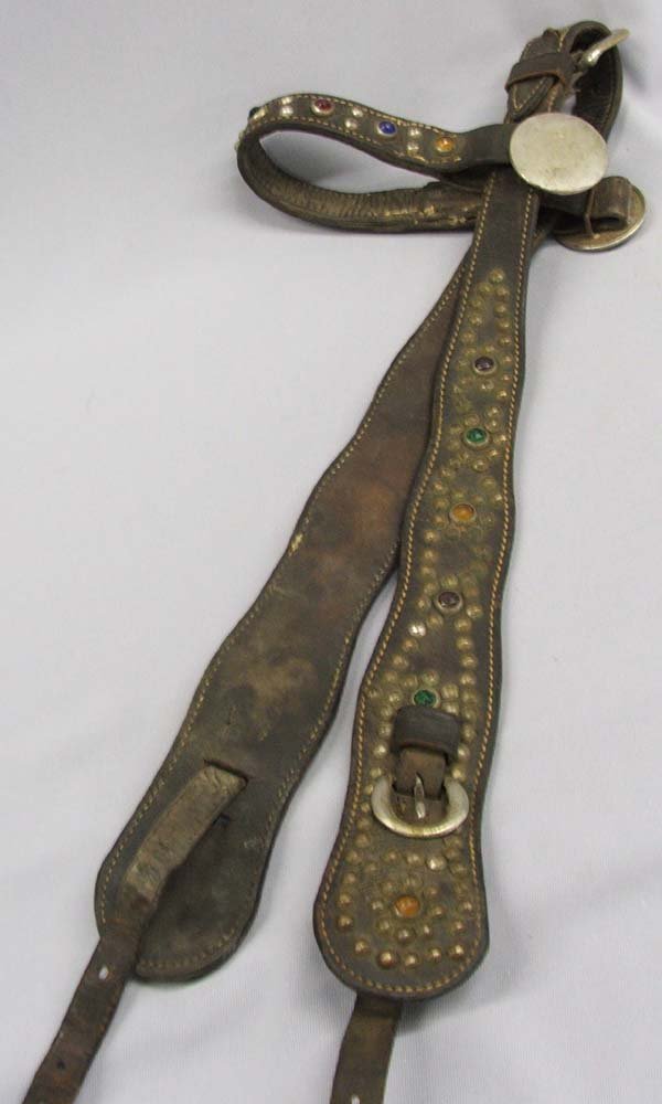 Vintage Jeweled Tacked Leather Head Stall: Vintage Jeweled Tacked Leather Head Stall. Measures approx. 20''. SHI $20.