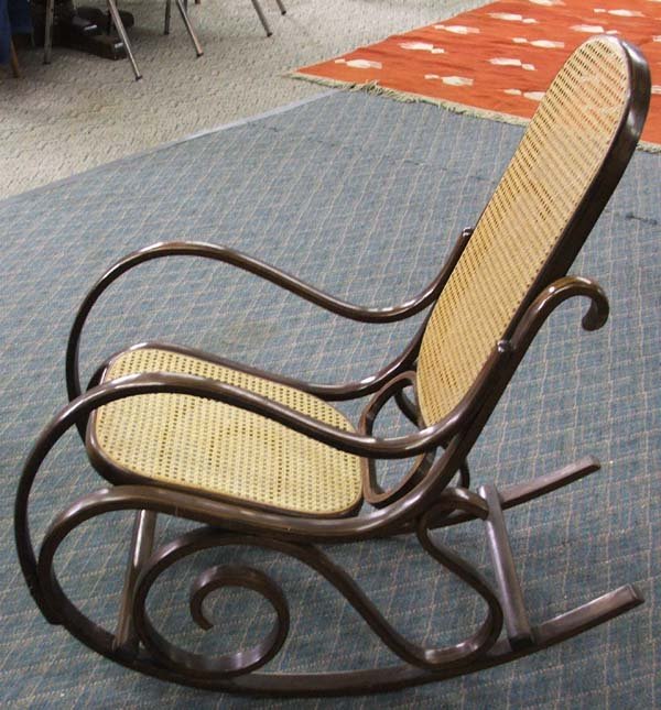 Vintage Bentwood Cane Seated Rocker: Vintage Bentwood Cane Seated Rocker, measures approx. 39'' x 33'' x 21''. MUST BE PICKED UP!