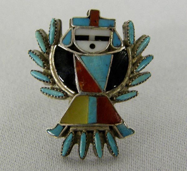 Vintage Zuni Silver Turquoise Inlay Ring Size 7.5: Zuni Silver Turquoise Inlay Ring Size 7.5. Zuni needlepoint work has silver inlay with turquoise, mother of pearl, jet, and coral. SHI $15.
