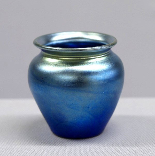 Antique Steuben Irridescent Blue Green Vase: Antique Steuben Irridescent Blue Green Vase, marked "Steuben" on the bottom and numbered. Measures approx. 2 1/2" x 2 1/2". SHI $30.