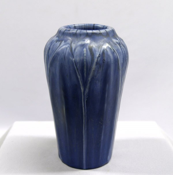 Antique Hampshire Pottery Matte Blue Vase: Hampshire Pottery Vase in a blue matte glaze. Excellent condition. Some scratching on one side, as per picture. Bottom marked with Hampshire Pottery, 33 and a circled M. Vase is approx. 6 3/4" tall x