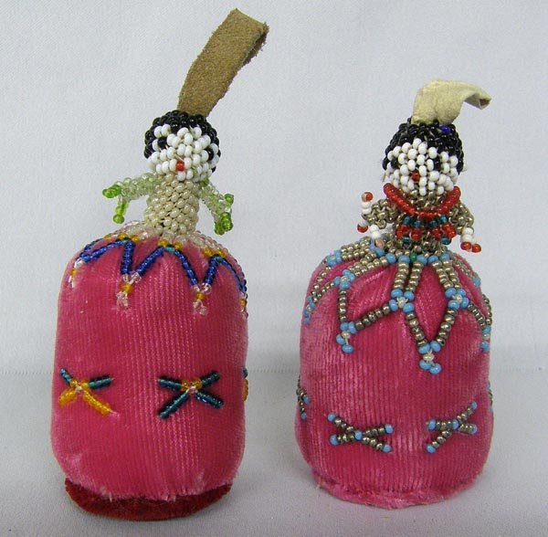 2 Zuni Beaded Doll Pin Cushions: 2 Zuni Beaded Doll Pin Cushions, measures approx. 4'' tall. SHI $15.