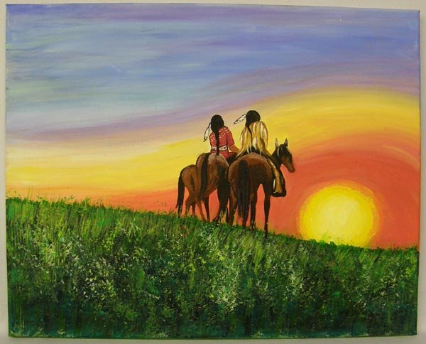 Original Indian Painting By Kills Thunder: Original Indian Painting By Kills Thunder, measures approx. 16" x 20". On canvas, unframed. SHI $35.
