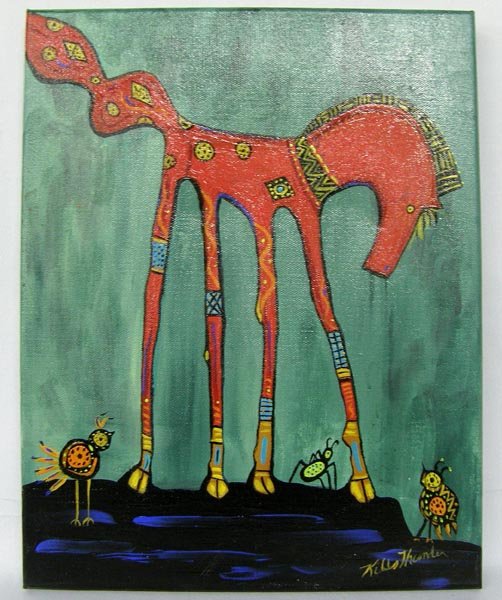 Original Indian Painting By Kills Thunder: Original Indian Painting By Kills Thunder, on canvas, unframed, measures approx. 11" x 14". SHI $25.