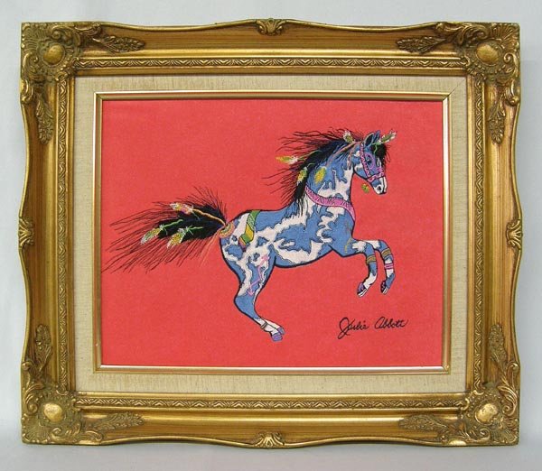 Original Stitched Artwork On Suede By Julie Abbott: Original Stitched Artwork On Suede cloth By Julie Abbott, measures approx. 10.5'' x 13.5'', framed in a gold gilt frame. SHI $35.
