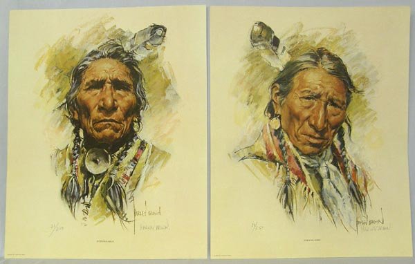 2 1973 Signed & Numbered Prints by Harley Brown: 2 Signed & Numbered Prints by Harley Brown. One print, ''Turning Robe'' numbered 21/250. Second print is ''Sitting Eagle'' numbered 21/250. Each measures 18''x12''. SHI $30.