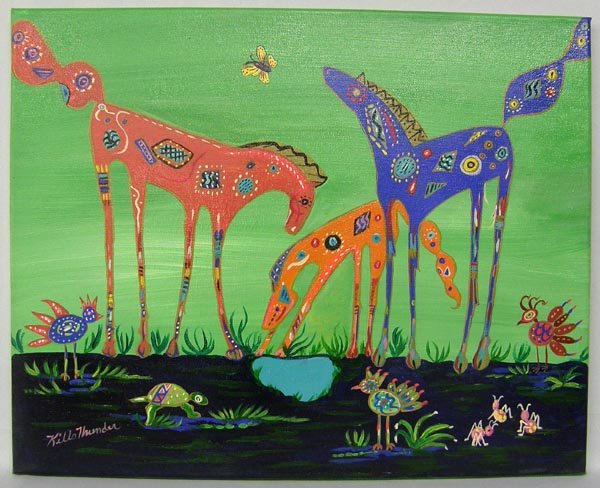 Original Indian Painting By Kills Thunder: Original Indian Painting By Kills Thunder, on canvas, unframed, measures approx. 16" x 20". SHI $30.