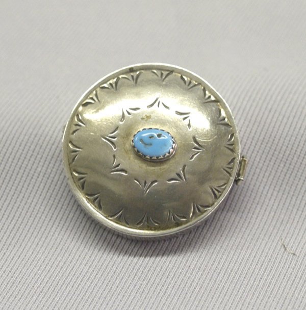 Navajo Silver Turquoise Pill Box: Navajo Silver Turquoise Pill Box, measures approx. 1 1/3''. SHI $15.