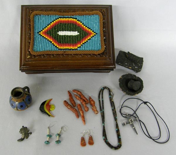 Beaded Wood Box With Stuff By Kills Thunder: Beaded Wood Box With Stuff By Kills Thunder, box measures approx. 3 1/2" x 8 1/2" x 6 1/2". SHI $20.