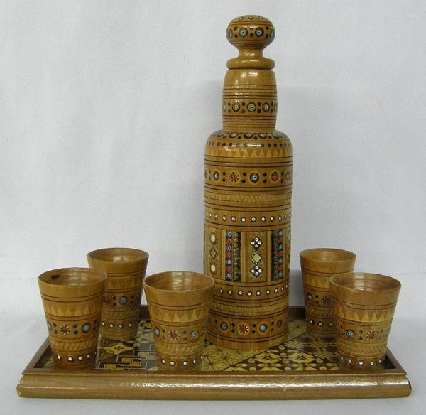 Wooden Greek Ouzo Decanter With 5 Cups & Tray: Wooden Greek Ouzo Decanter With 5 Cups and Tray. Decanter measures approx. 8 1/2" tall. SHI $25.