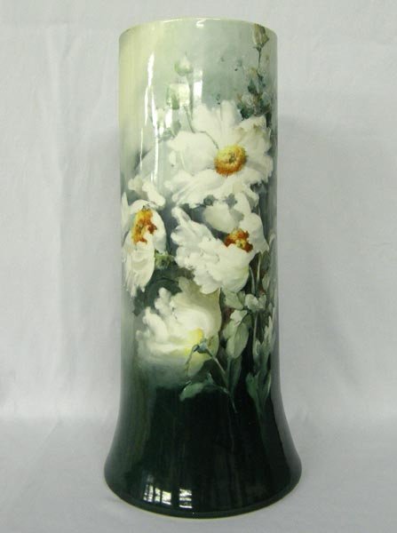 Antique Limoge Umbrella Stand Signed M Gibbs: Antique Limoge Umbrella Stand Signed M Gibbs. Artist's signature on the side. Stamped on the bottom, ''M Gibbs'' and ''D and C France.'' Has been professionally glued on one side. Measures 21''x10''. 