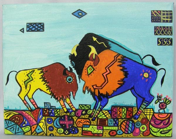 Original Painting By Kills Thunder: Original Painting By Kills Thunder, 2 buffalo, on canvas, measures approx. 11'' x 14''. SHI $20.