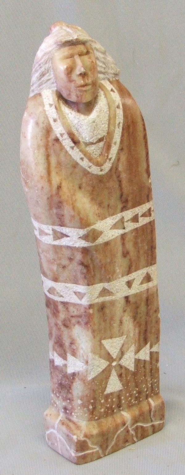 Etched Alabaster Statue of Indian Brave Signed: Etched Alabaster Statue of Indian Brave Signed ''S Joe 95'' on back. Small chip on left side. Measures 11''Hx3''W. SHI $25.