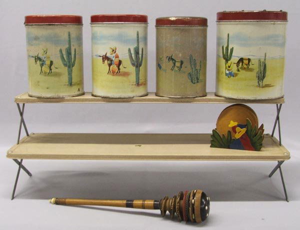 Vintage Mexican Old Reliable Coffee&Tea Tins Plus: Vintage Tin 4 Piece Canister Set On Tin Shelves Plus wood Chocolate stirrer and 7 Mexican wood coasters in matching holder. Largest canister measures approx. 6'' tall. On bottom of canister set reads: