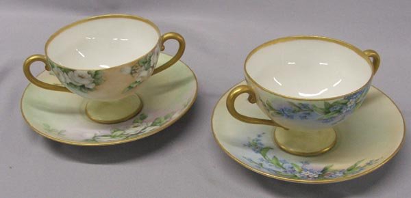 Pr Antique Hand Painted Cups & Saucers: Pr Antique Hand Painted Cups & Saucers, cups measure approx. 2 1/2'' tall x 5'' wide. SHI $25.