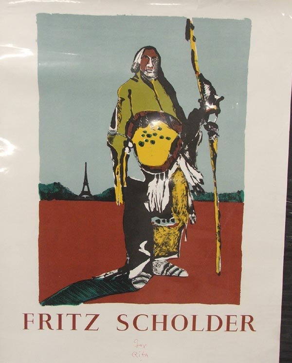 1977 Signed Print By Fritz Scholder: 1977 Signed Print ''For Rita--Fritz Scholder'', titled ''Indian At Eiffel Tower'', measures approx. 21.5'' x 18''. Will be ship rolled in a tube. SHI $25.