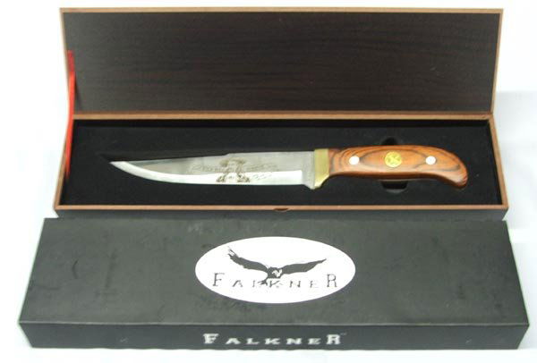 Falkner American Mint Collector Knife: Falkner American Mint Collector Knife. Wild Bill Hickok figure on blade. Other side of blade says ''Limited Edition Stainless Steel 420 P.R.C.'' The blade is 7.25''L and the total length is 12.25''. I