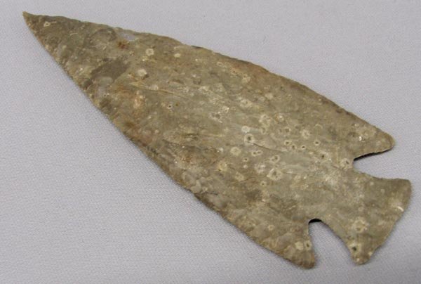 Large Stone Arrowhead Spear Point Replica: Large Stone Arrowhead Spear Point Replica, measures approx. 6 3/4" long. SHI $20.