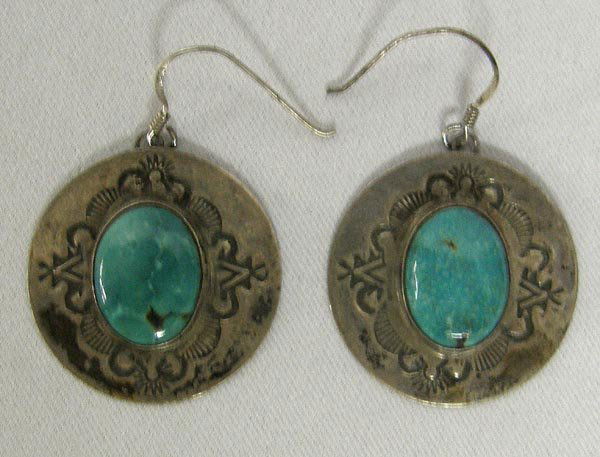 Silver Turquoise Pierced Earrings By Stephen Fox: Silver Turquoise Pierced Earrings By Santa Fe Artist Stephen Fox. Measures approx. 1 1/4" x 1 1/4". SHI $15.