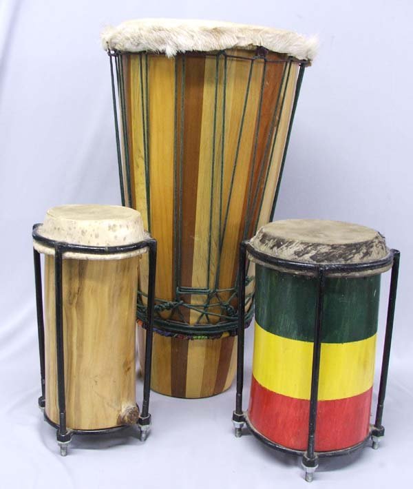 3 Nyabing African Hide Bongo Drums: 3 Nyabing African Hide Bongo Drums. The largest measures 24''x13''. SHI $70.