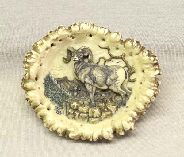 Elk Horn Carved Ram Belt Buckle: Elk Horn Carved Ram Belt Buckle, measures approx. 3 3/4'' x 3''. SHI $15.