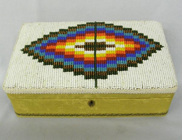 Jewelry Box With Hand Beaded Lid by Kills Thunder: Jewelry Box With Hand Beaded Lid, no key. Beadwork by Kills Thunder. measures approx. 3 3/4'' tall x 12'' long x 7 1/2'' deep. SHI $25.